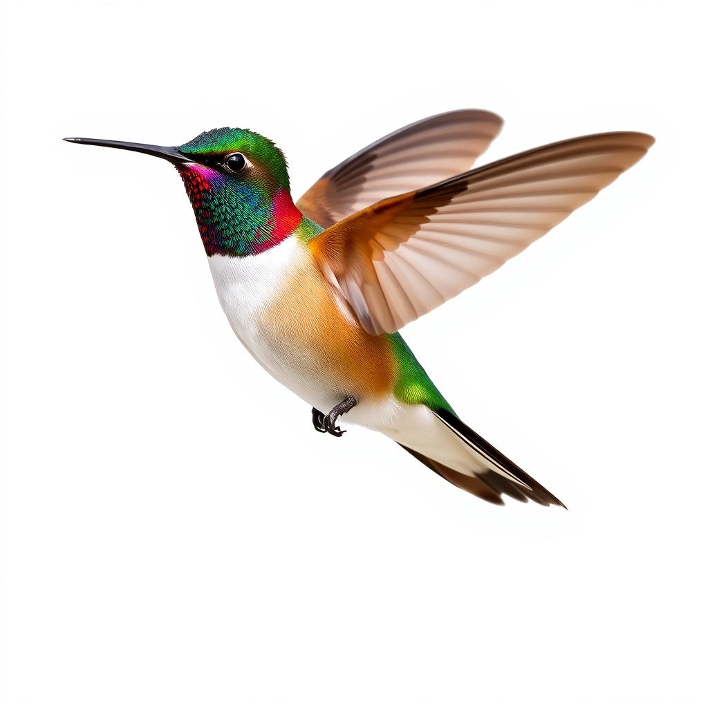 a Chestnut-breasted Coronet hummingbird in mid-flight, showcasing its vibrant colors with a clear isolated white background