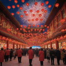 A vibrant place in the midst of a Chinese New Year celebration, resplendent with red lanterns, fireworks lighting up the night sky, and a dragon dance weaving through the crowd in a symphony of color and jubilation.