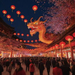 A vibrant place in the midst of a Chinese New Year celebration, resplendent with red lanterns, fireworks lighting up the night sky, and a dragon dance weaving through the crowd in a symphony of color and jubilation.