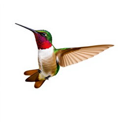 a Chestnut-breasted Coronet hummingbird in mid-flight, showcasing its vibrant colors with a clear isolated white background