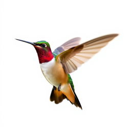 a Chestnut-breasted Coronet hummingbird in mid-flight, showcasing its vibrant colors with a clear isolated white background