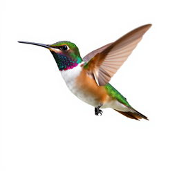 a Chestnut-breasted Coronet hummingbird in mid-flight, showcasing its vibrant colors with a clear isolated white background