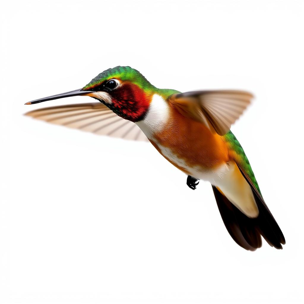 a Chestnut-breasted Coronet hummingbird in mid-flight, showcasing its vibrant colors with a clear isolated white background