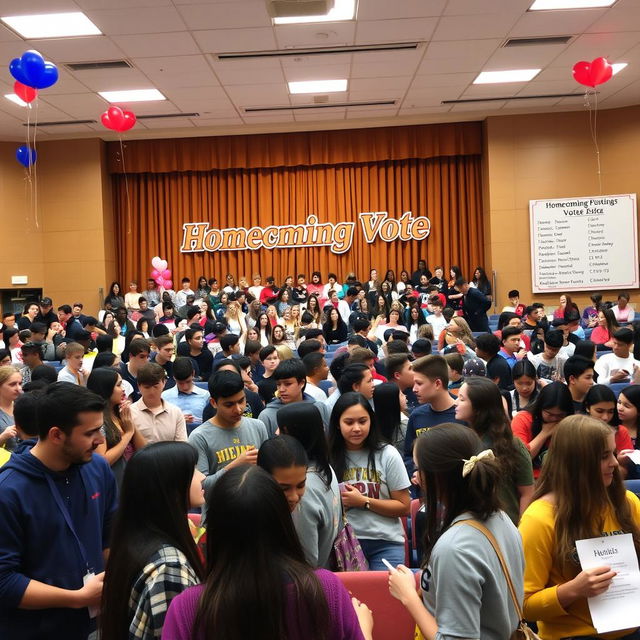 An engaging and vibrant scene of a high school auditorium filled with students