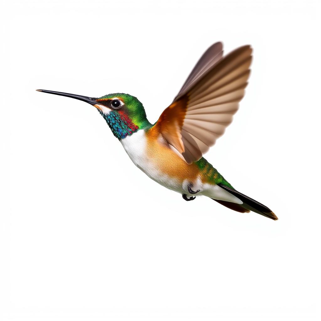 a Chestnut-breasted Coronet hummingbird in mid-flight, showcasing its vibrant colors with a clear isolated white background