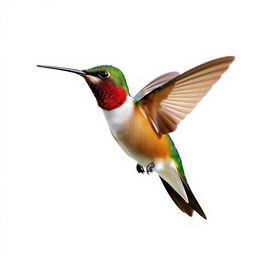 a Chestnut-breasted Coronet hummingbird in mid-flight, showcasing its vibrant colors with a clear isolated white background