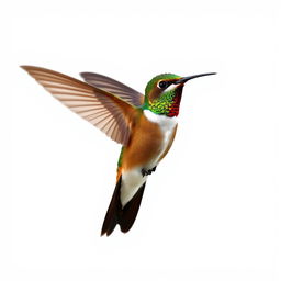 a Chestnut-breasted Coronet hummingbird in mid-flight, showcasing its vibrant colors with a clear isolated white background