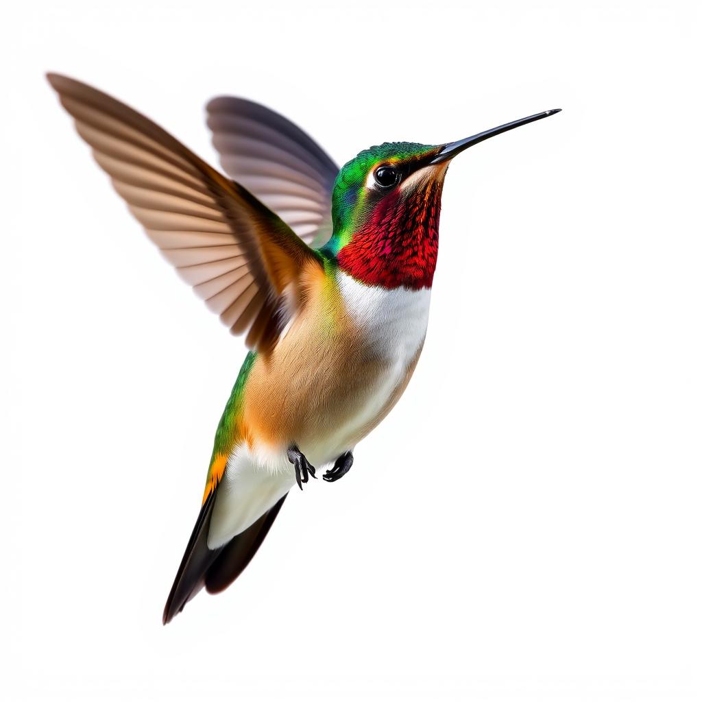 a Chestnut-breasted Coronet hummingbird in mid-flight, showcasing its vibrant colors with a clear isolated white background