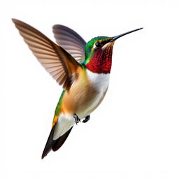 a Chestnut-breasted Coronet hummingbird in mid-flight, showcasing its vibrant colors with a clear isolated white background