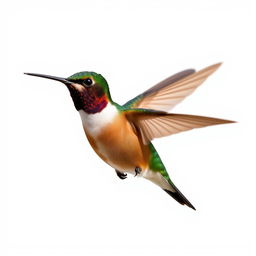 a Chestnut-breasted Coronet hummingbird in mid-flight, showcasing its vibrant colors with a clear isolated white background