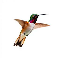 a Chestnut-breasted Coronet hummingbird in mid-flight, showcasing its vibrant colors with a clear isolated white background