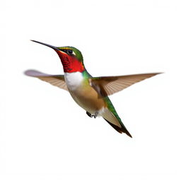 a Chestnut-breasted Coronet hummingbird in mid-flight, showcasing its vibrant colors with a clear isolated white background