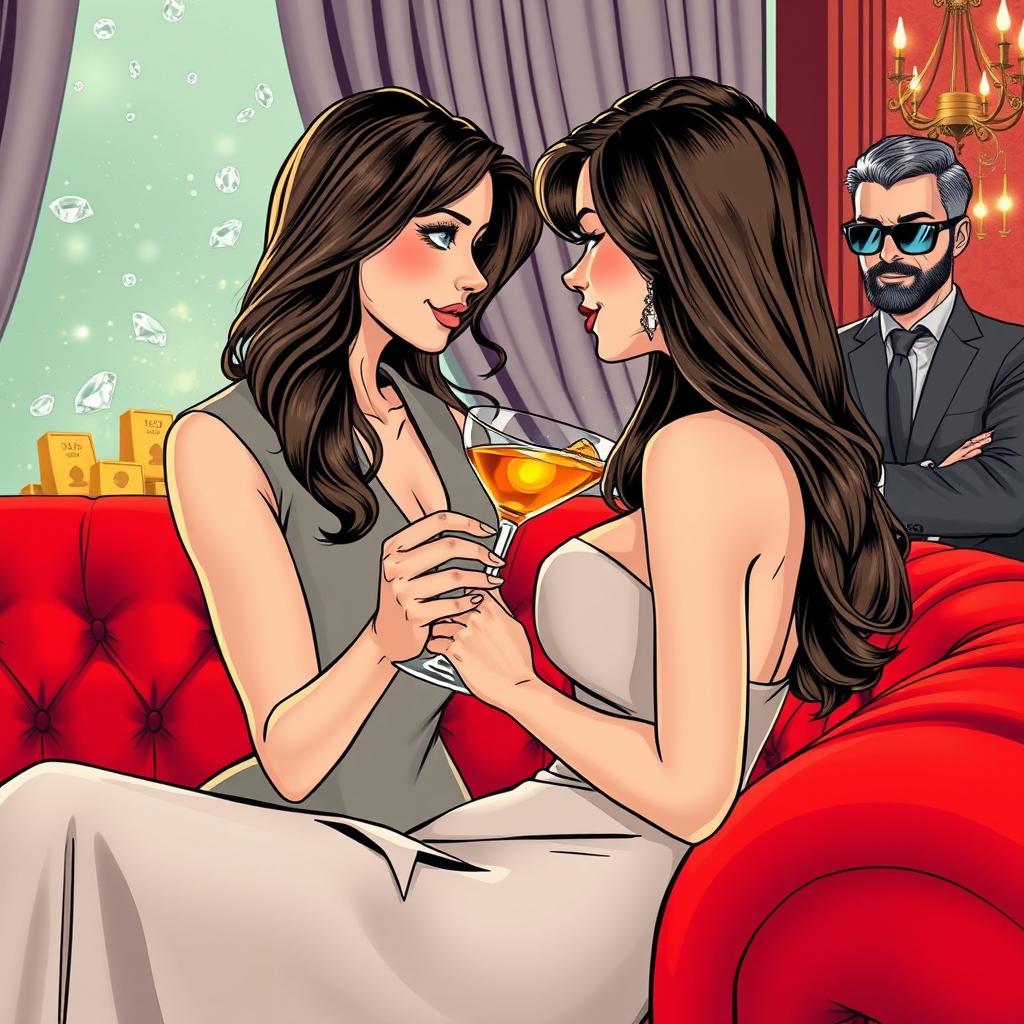 A graphic novel style distant full-body image of a beautiful, slender 25-year-old woman with a cocktail in hand