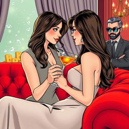 A graphic novel style distant full-body image of a beautiful, slender 25-year-old woman with a cocktail in hand