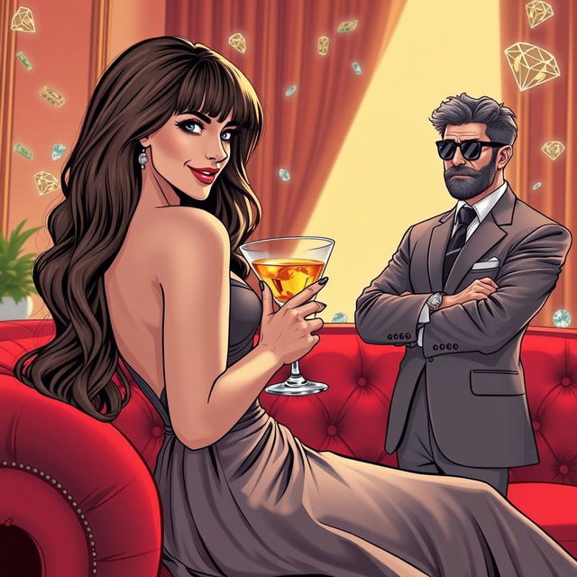 A graphic novel style distant full-body image of a beautiful, slender 25-year-old woman with a cocktail in hand