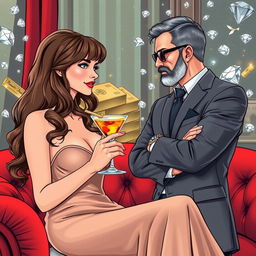 A graphic novel style distant full-body image of a beautiful, slender 25-year-old woman with a cocktail in hand