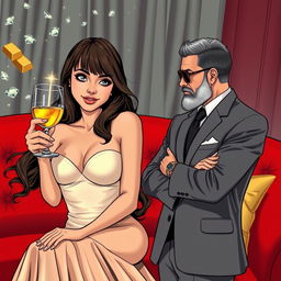 A graphic novel style distant full-body image of a beautiful, slender 25-year-old woman with a cocktail in hand