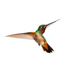 a Chestnut-breasted Coronet hummingbird in mid-flight, showcasing its vibrant colors with a clear isolated white background