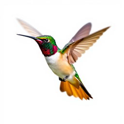 a Chestnut-breasted Coronet hummingbird in mid-flight, showcasing its vibrant colors with a clear isolated white background