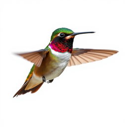 a Chestnut-breasted Coronet hummingbird in mid-flight, showcasing its vibrant colors with a clear isolated white background