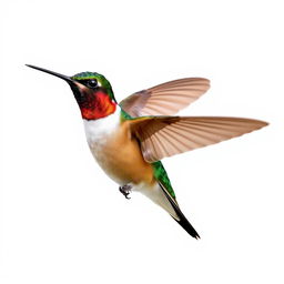 a Chestnut-breasted Coronet hummingbird in mid-flight, showcasing its vibrant colors with a clear isolated white background