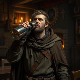 A rogue human character with a rugged appearance, wearing a leather cloak and a weathered tunic with patches