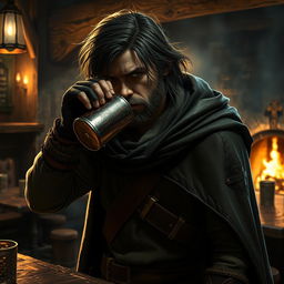 A rogue human character with a rugged appearance, wearing a leather cloak and a weathered tunic with patches