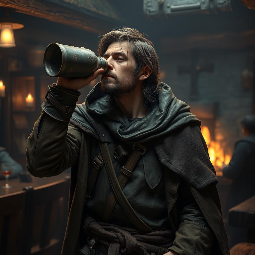 A rogue human character with a rugged appearance, wearing a leather cloak and a weathered tunic with patches