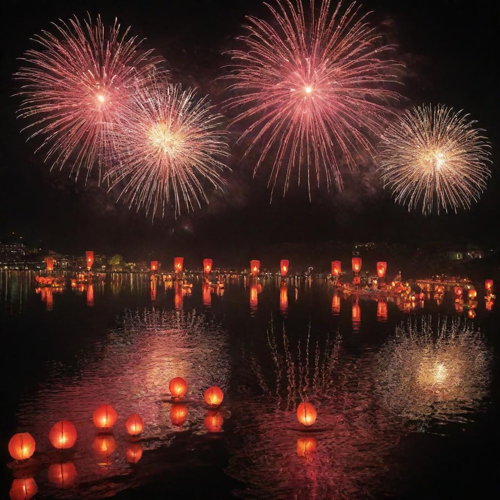 A picturesque lakeside setting celebrating Chinese New Year, with floating lanterns on the peaceful water, a grand fireworks spectacle reflecting on the lake surface and dragon boats festooned with lights adding to the festive atmosphere.