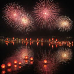 A picturesque lakeside setting celebrating Chinese New Year, with floating lanterns on the peaceful water, a grand fireworks spectacle reflecting on the lake surface and dragon boats festooned with lights adding to the festive atmosphere.