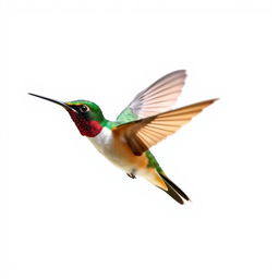 a Chestnut-breasted Coronet hummingbird in mid-flight, showcasing its vibrant colors with a clear isolated white background