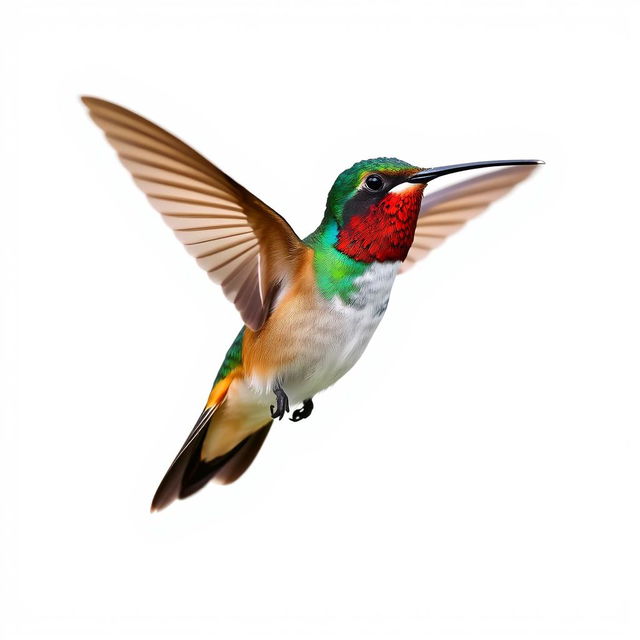 a Chestnut-breasted Coronet hummingbird in mid-flight, showcasing its vibrant colors with a clear isolated white background