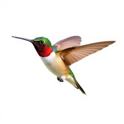 a Chestnut-breasted Coronet hummingbird in mid-flight, showcasing its vibrant colors with a clear isolated white background