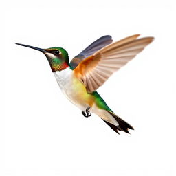 a Chestnut-breasted Coronet hummingbird in mid-flight, showcasing its vibrant colors with a clear isolated white background