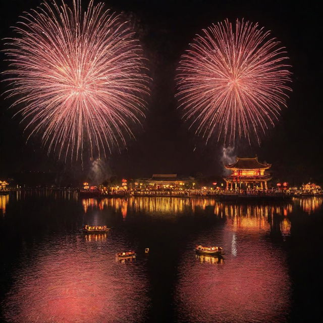 A picturesque lakeside setting celebrating Chinese New Year, with floating lanterns on the peaceful water, a grand fireworks spectacle reflecting on the lake surface and dragon boats festooned with lights adding to the festive atmosphere.