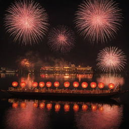 A picturesque lakeside setting celebrating Chinese New Year, with floating lanterns on the peaceful water, a grand fireworks spectacle reflecting on the lake surface and dragon boats festooned with lights adding to the festive atmosphere.