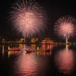 A picturesque lakeside setting celebrating Chinese New Year, with floating lanterns on the peaceful water, a grand fireworks spectacle reflecting on the lake surface and dragon boats festooned with lights adding to the festive atmosphere.