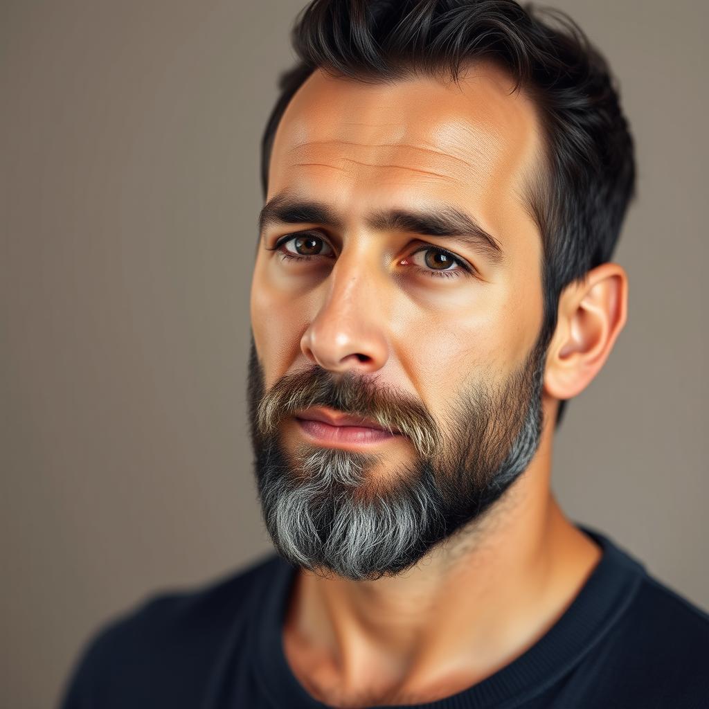 A Spanish man with a well-groomed beard, edited onto the body of the man in the provided photo, blending seamlessly to create a natural and realistic appearance