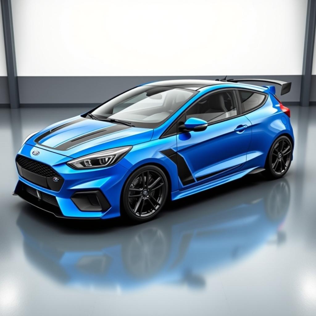 A sleek, sporty 2-door car that merges the design elements of the 2017 Ford Focus RS and the Ford Fiesta ST