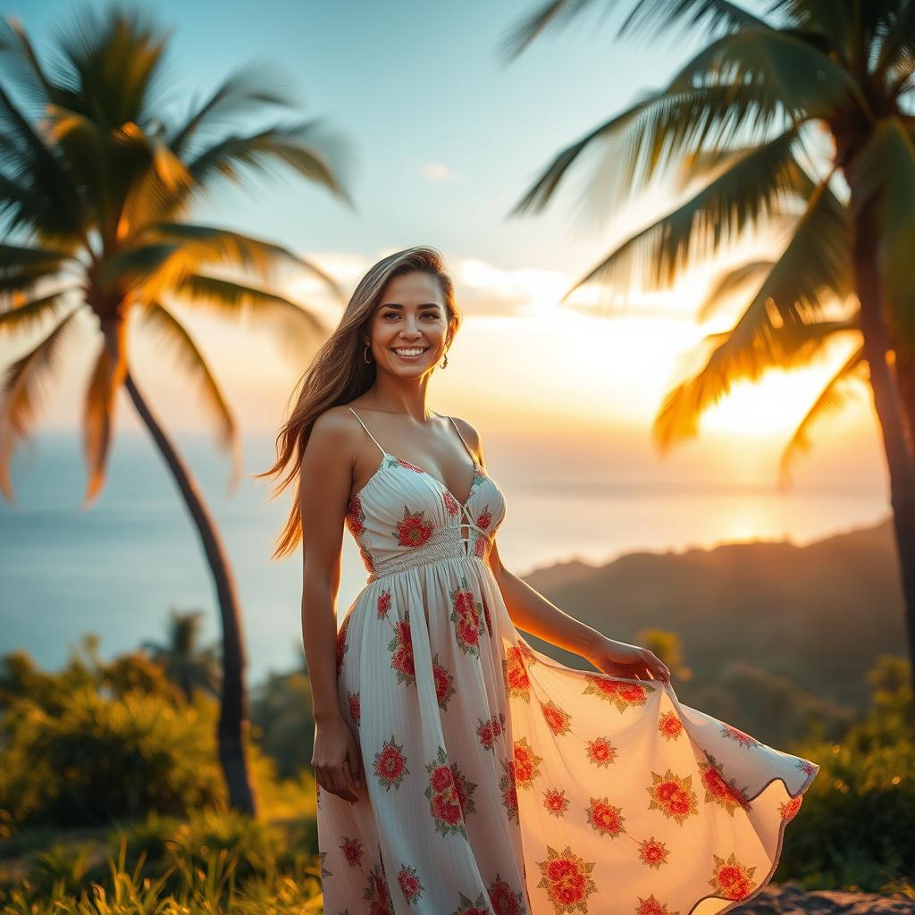 A woman in a dreamy tropical landscape, wearing a flowing summer dress, standing near palm trees with a radiant smile