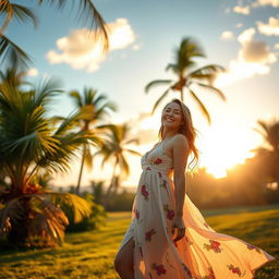 A woman in a dreamy tropical landscape, wearing a flowing summer dress, standing near palm trees with a radiant smile