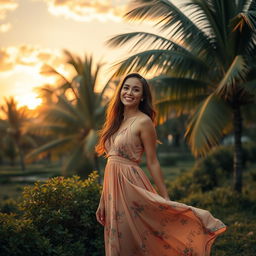 A woman in a dreamy tropical landscape, wearing a flowing summer dress, standing near palm trees with a radiant smile