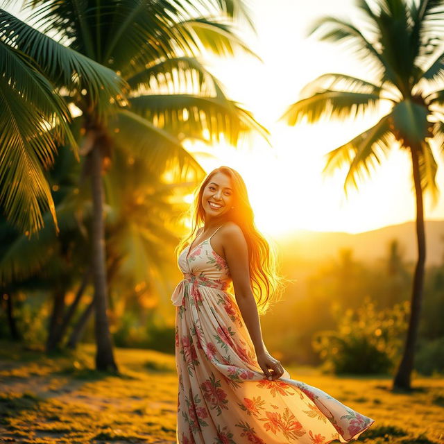 A woman in a dreamy tropical landscape, wearing a flowing summer dress, standing near palm trees with a radiant smile