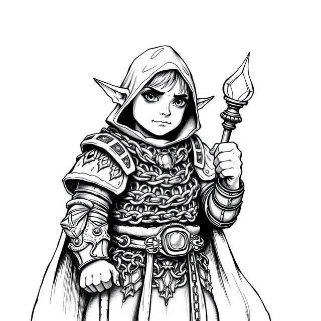 black and white ink illustration of a halfling cleric wearing chainmail armor, with intricate details on the chain links and a serene expression on the cleric's face, holding a staff with a glowing gem at the top, set against a simple background to highlight the character, capturing the essence of fantasy art