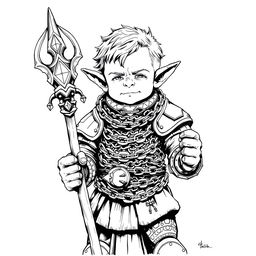 black and white ink illustration of a halfling cleric wearing chainmail armor, with intricate details on the chain links and a serene expression on the cleric's face, holding a staff with a glowing gem at the top, set against a simple background to highlight the character, capturing the essence of fantasy art