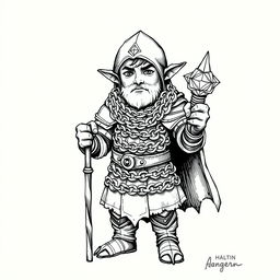 black and white ink illustration of a halfling cleric wearing chainmail armor, with intricate details on the chain links and a serene expression on the cleric's face, holding a staff with a glowing gem at the top, set against a simple background to highlight the character, capturing the essence of fantasy art