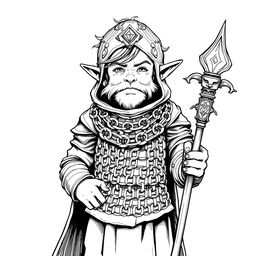 black and white ink illustration of a halfling cleric wearing chainmail armor, with intricate details on the chain links and a serene expression on the cleric's face, holding a staff with a glowing gem at the top, set against a simple background to highlight the character, capturing the essence of fantasy art