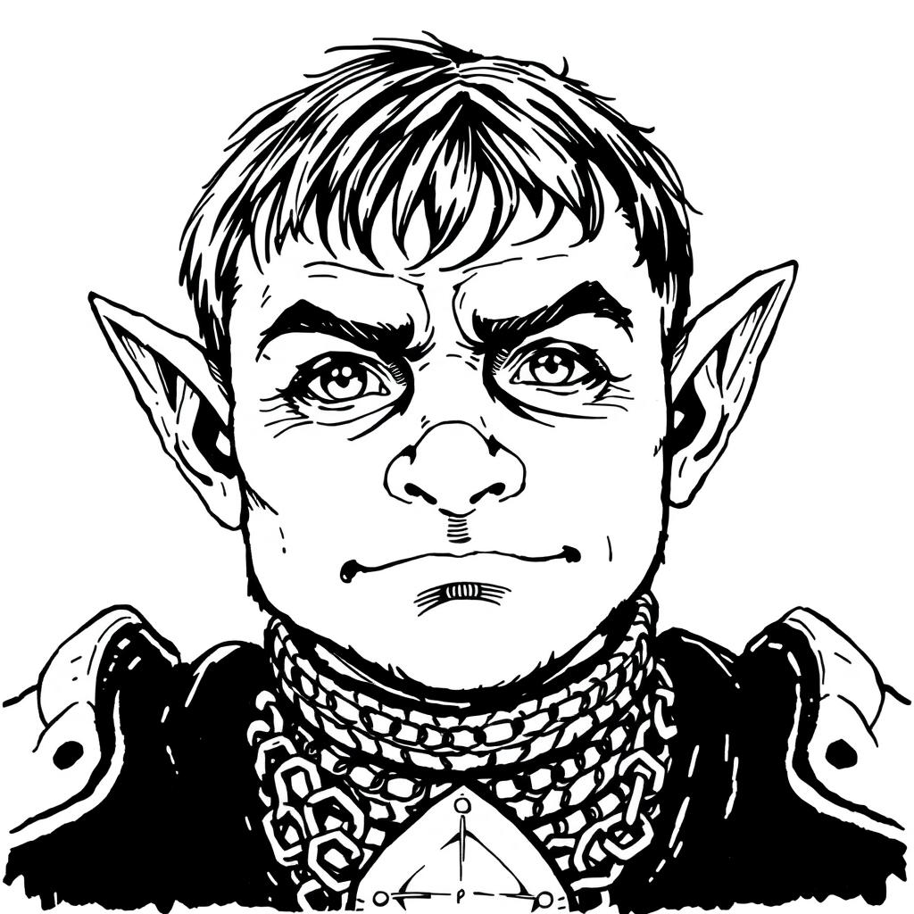 Black and white ink illustration of a halfling cleric