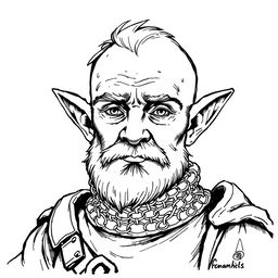 Black and white ink illustration of a halfling cleric