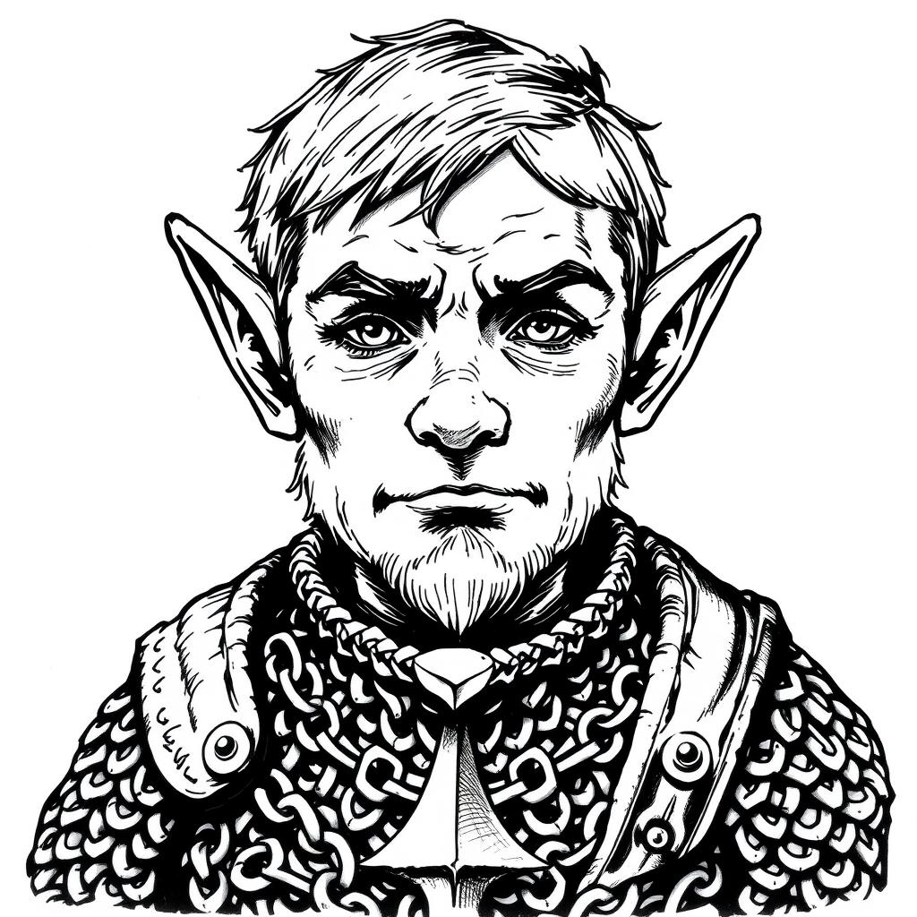 Black and white ink illustration of a halfling cleric